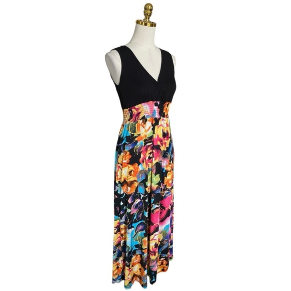 Boohoo Women’s Sleeveless Colorful Floral w/ Black Bodice Flowy Maxi Dress Sz 6 - Picture 4 of 8